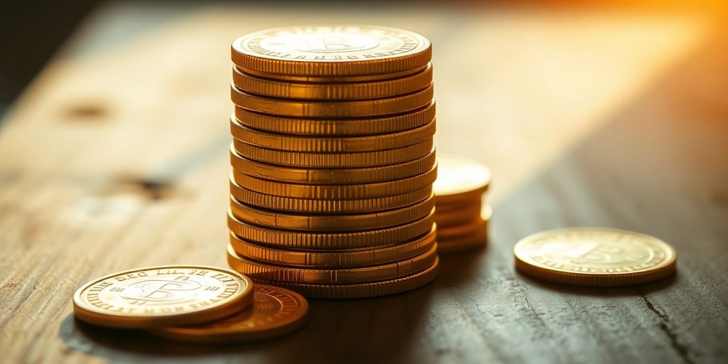 Monnaie en or sur une table en bois.