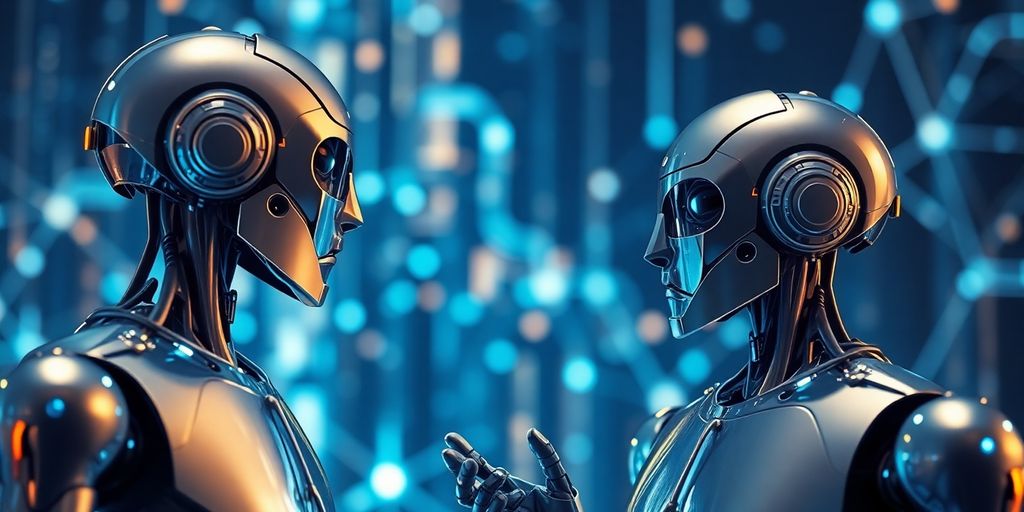 AI robots collaborating with digital data streams.