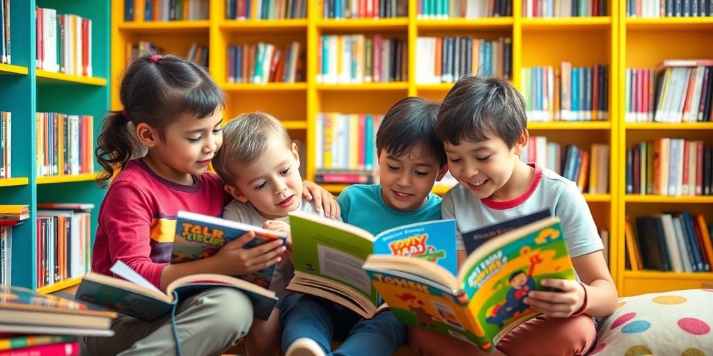 Children reading books in a cozy, colorful setting.