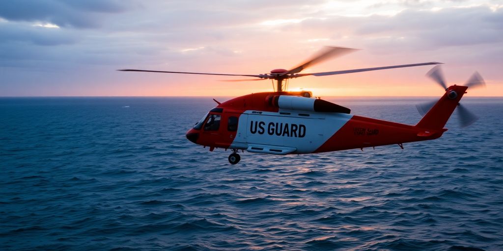 US Coast Guard helicopter flying over a rough ocean sunset.