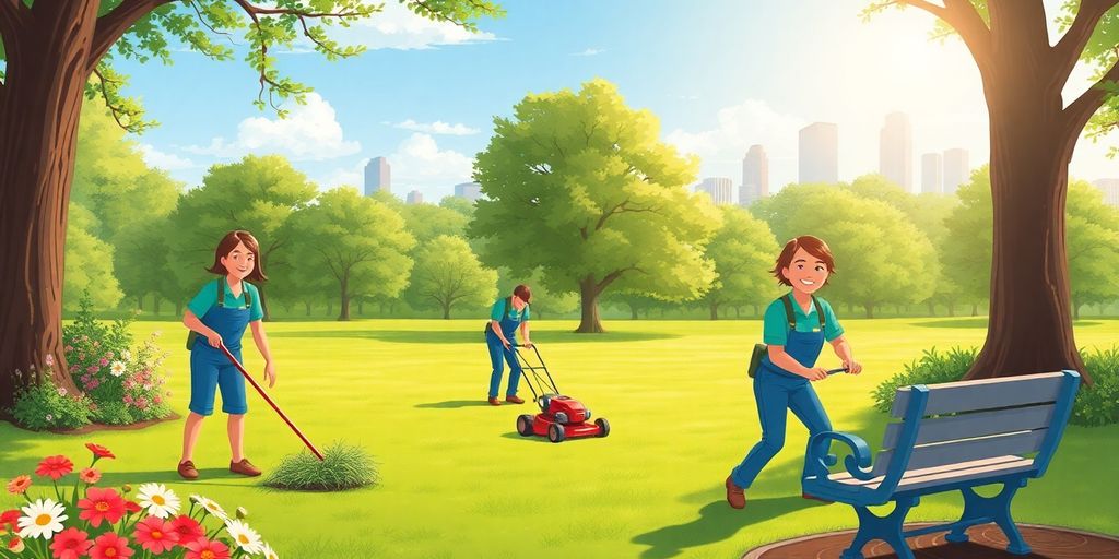 Three park employees painting bench in sunny Philadelphia park