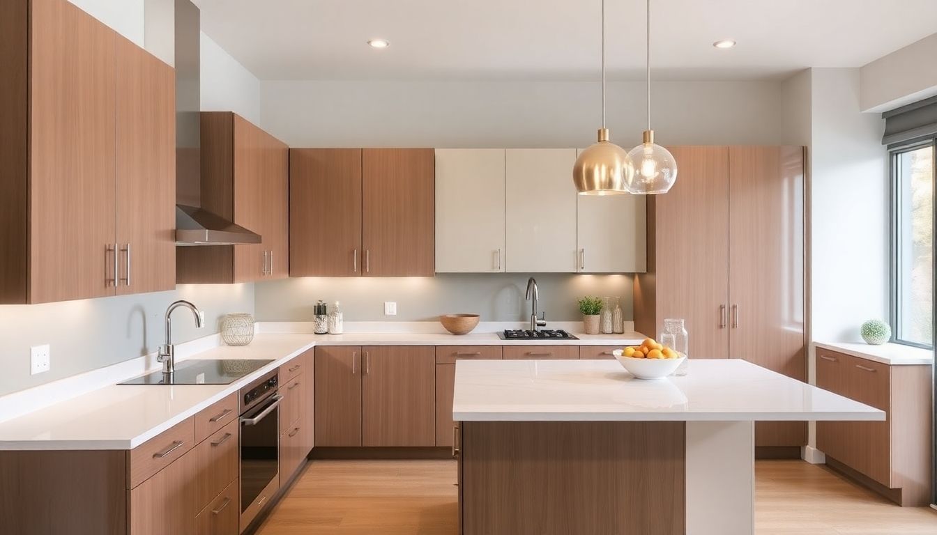Modern kitchen with sleek cabinets and stainless steel appliances.