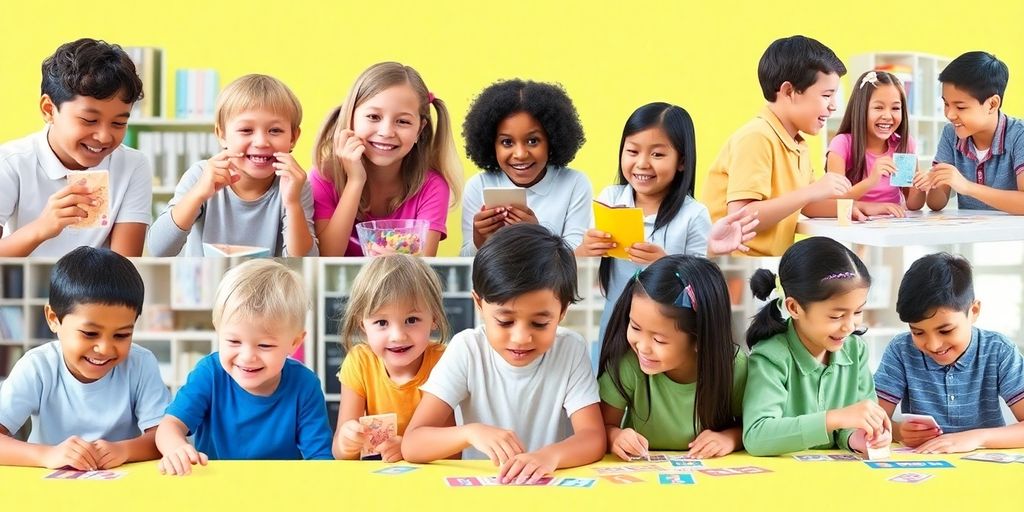 Children playing games to learn English online.