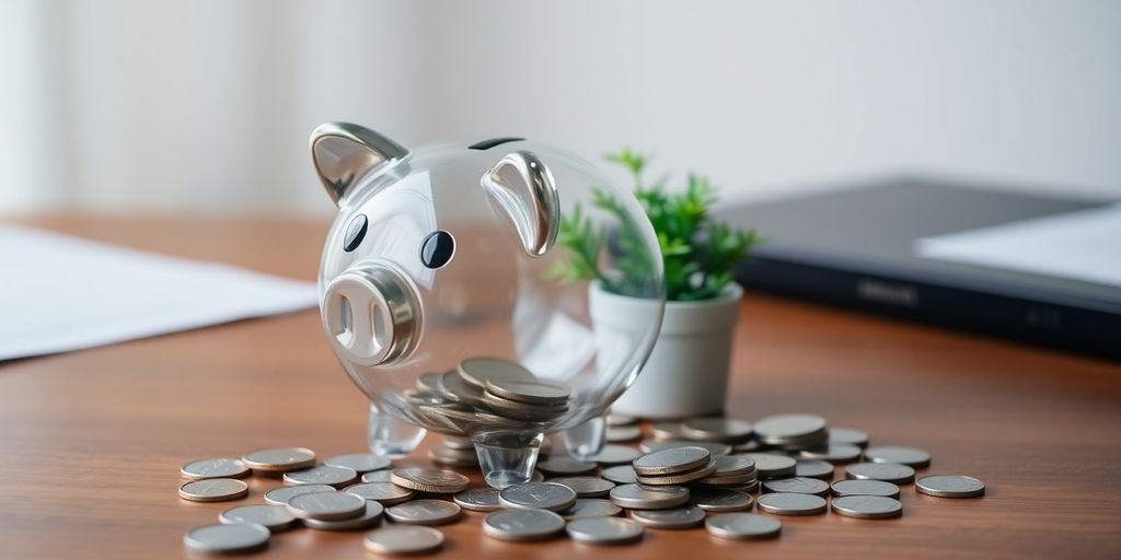 Piggy bank, coins, and a plant.