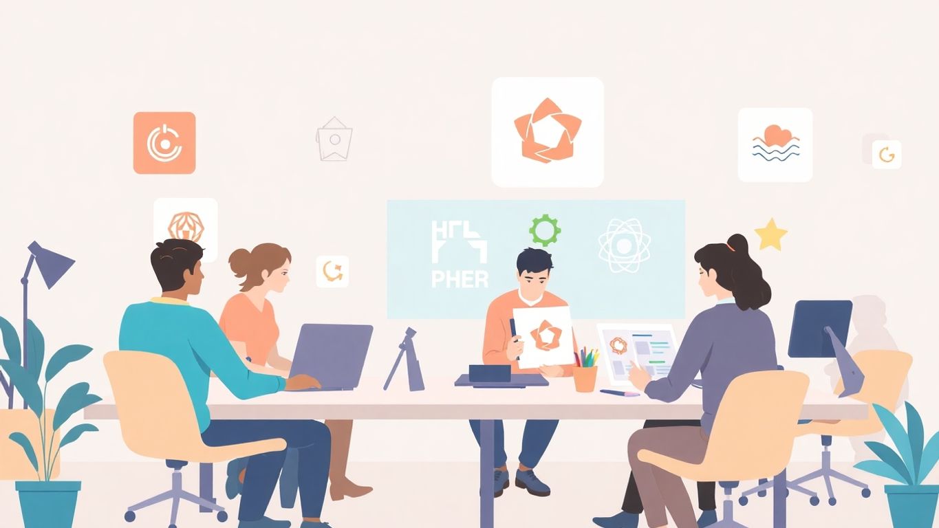 Diverse designere samarbeider om logoer i moderne miljø.