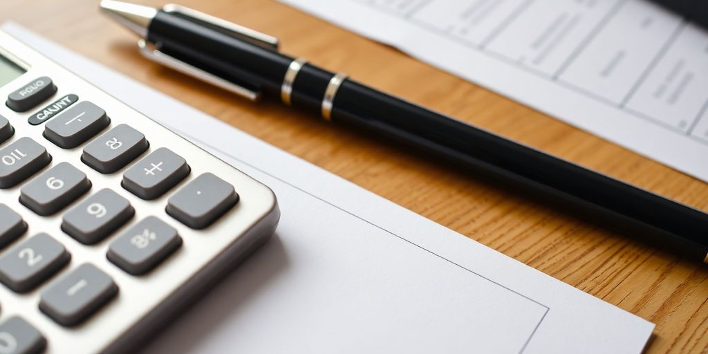 Calculator and tax forms on a wooden desk.