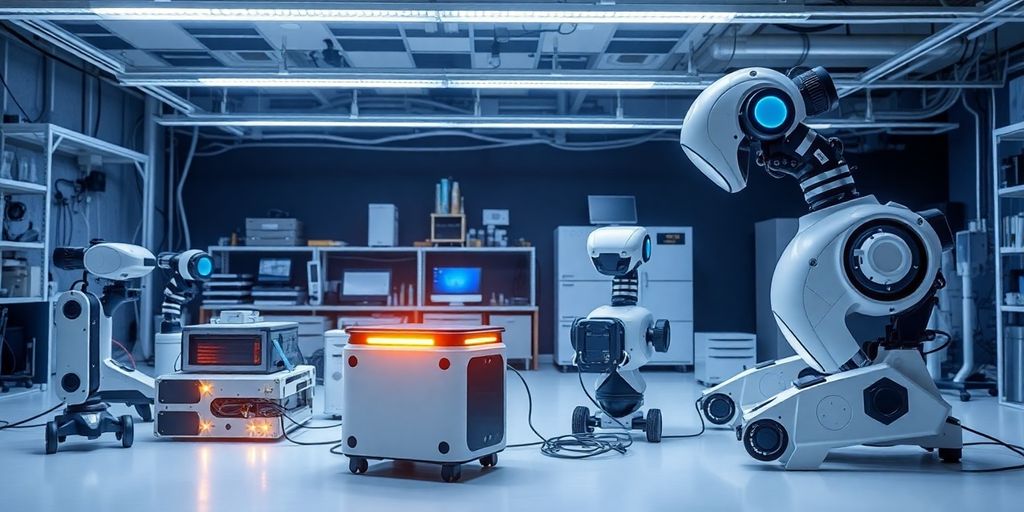 High-tech lab with robotics and AI devices without people.