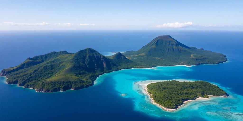 Turquoise lagoon waters meet lush green volcanic peaks in the Austral Islands.