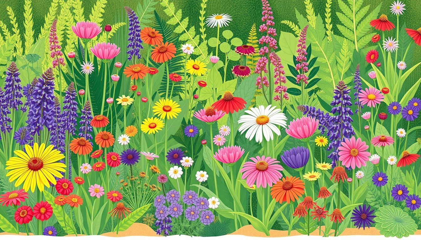 Illustrative native plant garden with diverse flowers and plants.
