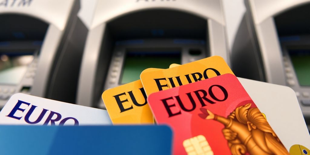 Euro bank cards and ATMs in a detailed photograph.