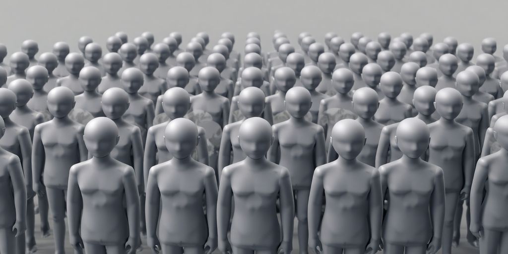Identical figures, muted colours, perfectly aligned in a sterile environment.