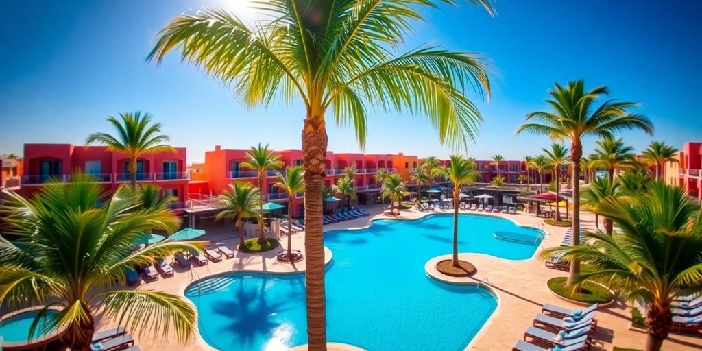 Colorful Mexican resort with swimming pools and palm trees.