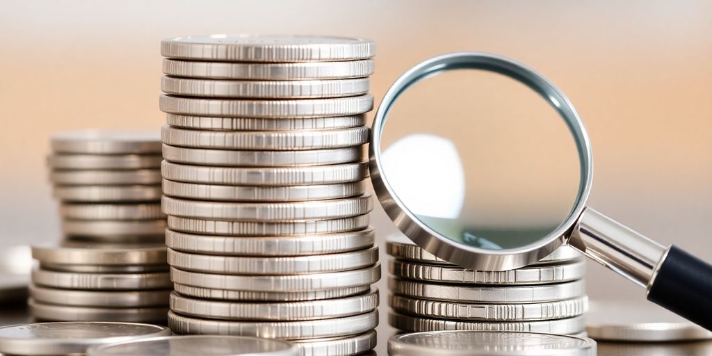 Pièces d'argent brillantes et une loupe