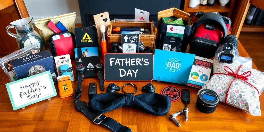Colorful gifts for Father's Day on a wooden table.