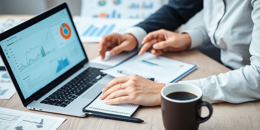 Business professional analyzing strategy with laptop and notepad.