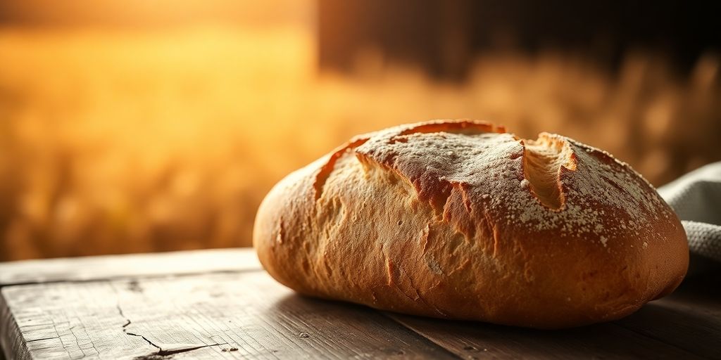 Loaf of bread on wooden table with soft light.