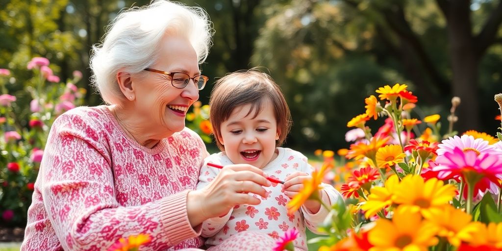 Grandmother and grandchild enjoying time together outdoors.