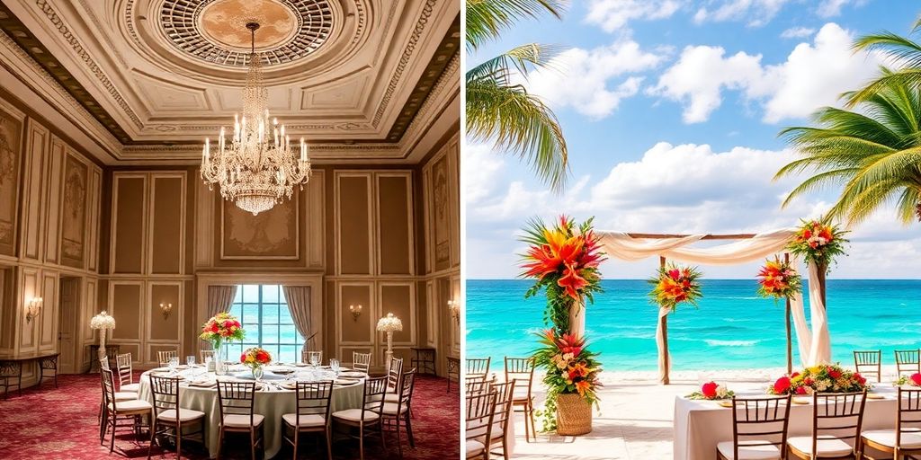 Luxurious ballroom wedding contrasted with casual beach ceremony.