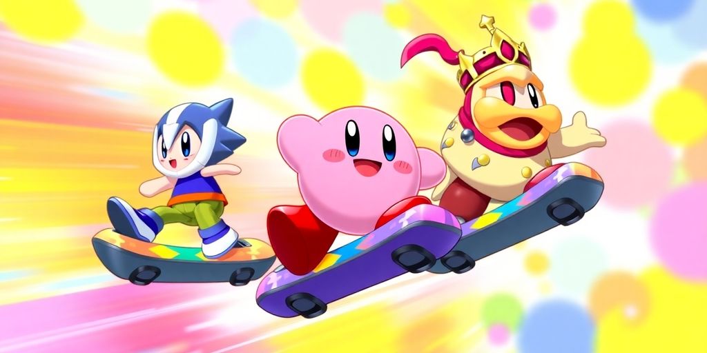 Kirby and his companions on colorful hoverboards.
