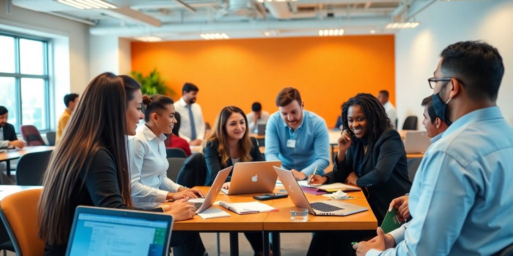 Professionals collaborating in a vibrant, focused workspace.
