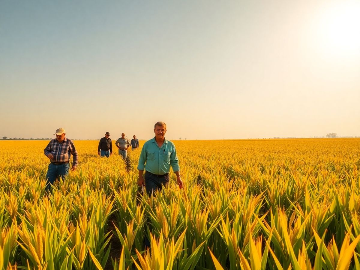 Câmp agricol cu recolte bogate și fermieri zâmbitori.