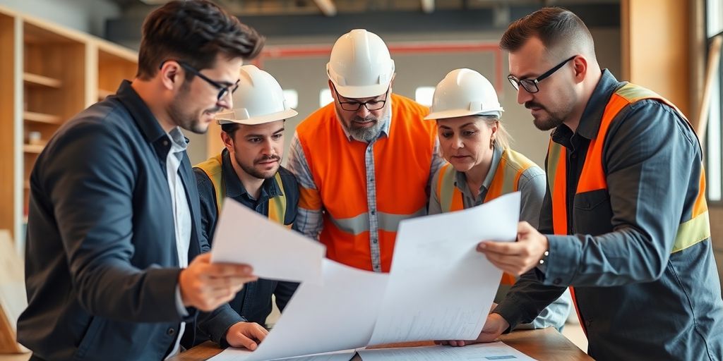 Construction workers reviewing blueprints and comparing bids.