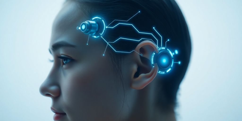 Brain-computer interface device on a person's head.
