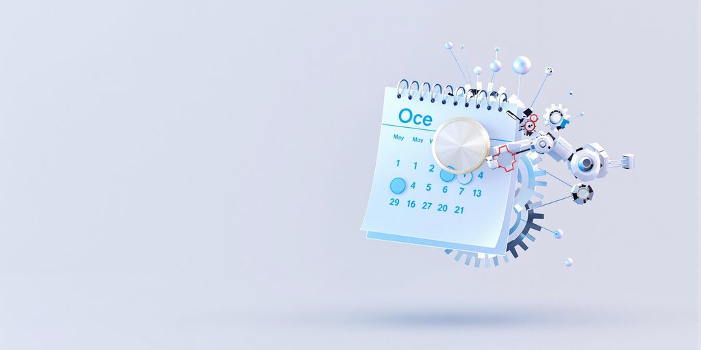 Minimalistic calendar with gears and a subtle robot arm.