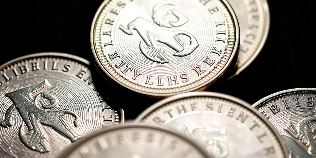 Pièces en argent brillant sur fond sombre.