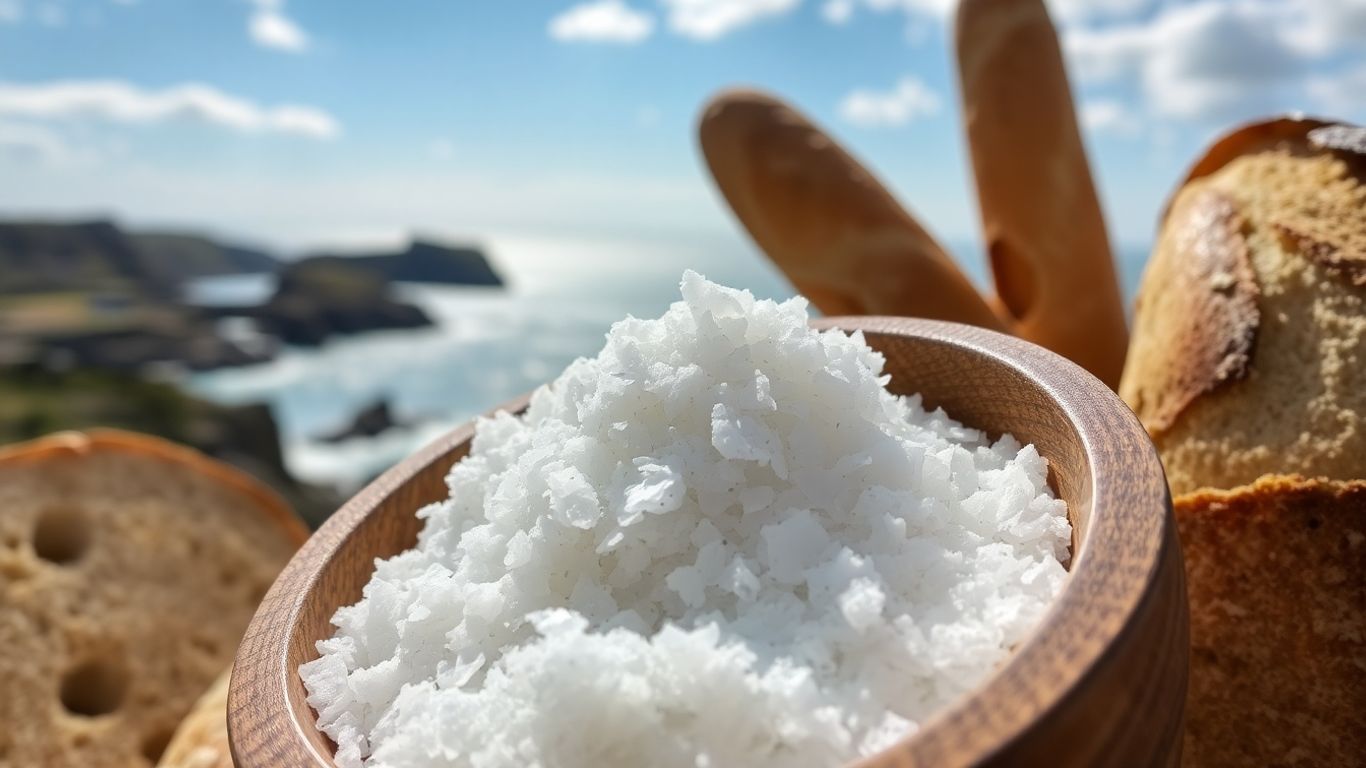 Flaked sea salt with bread near the Devon coastline