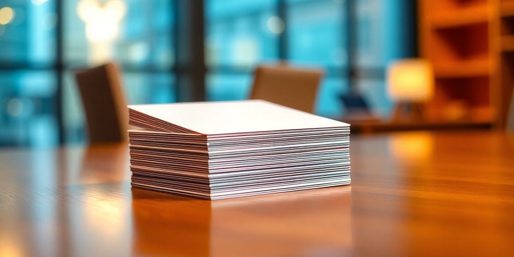 Business cards stacked on a wooden table.