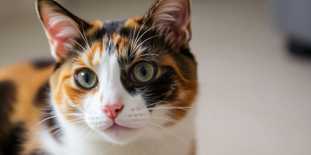 Calico cat with colorful fur, looking curious.