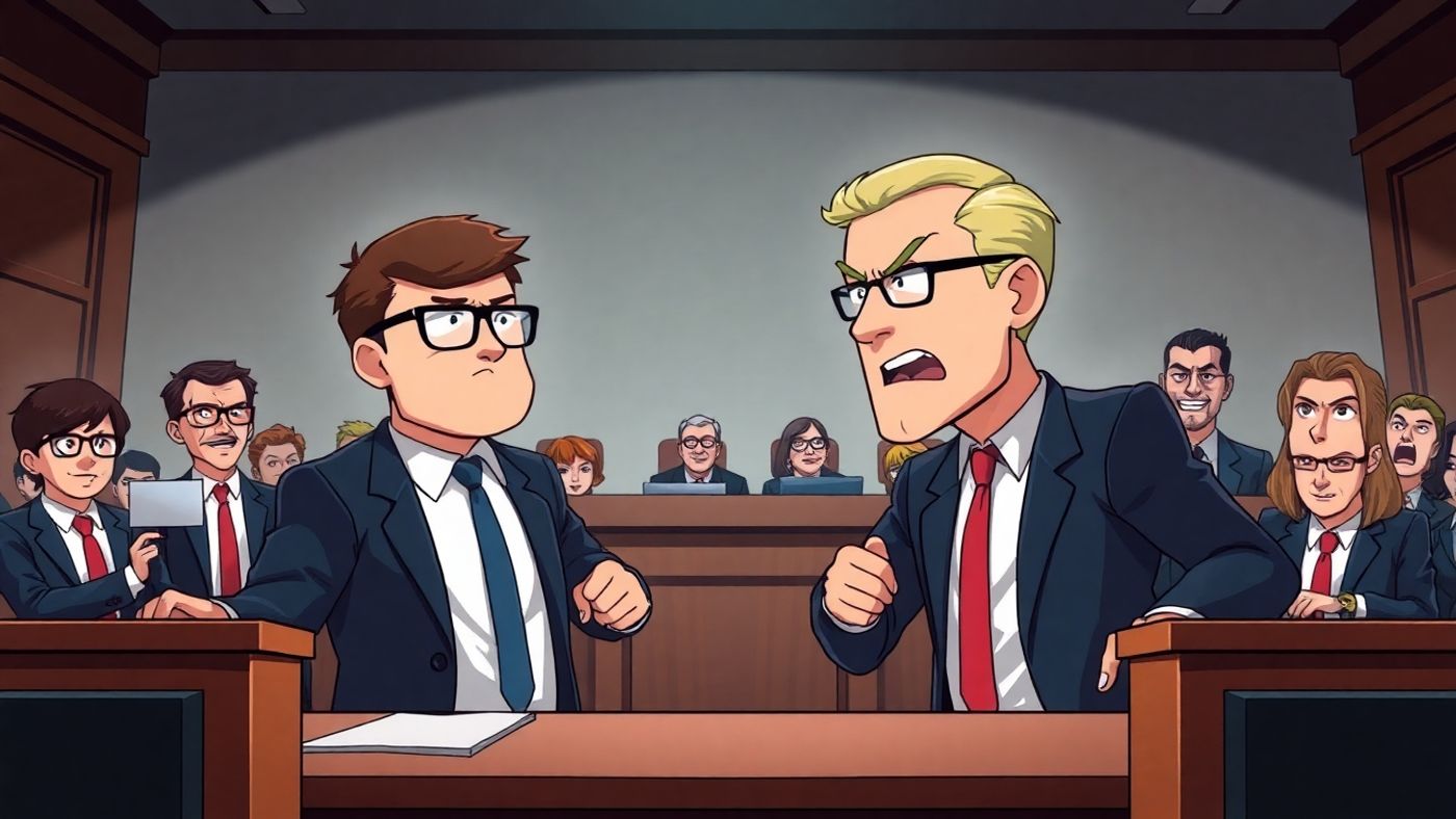 Anime courtroom scene with Google and Rank and Rent characters.