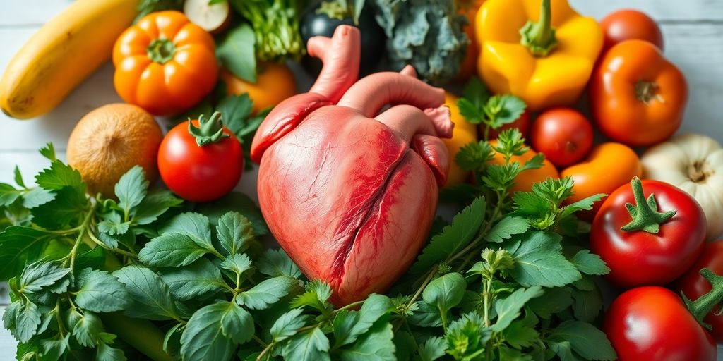 Colorful fruits, vegetables, and herbs arranged around a healthy heart.