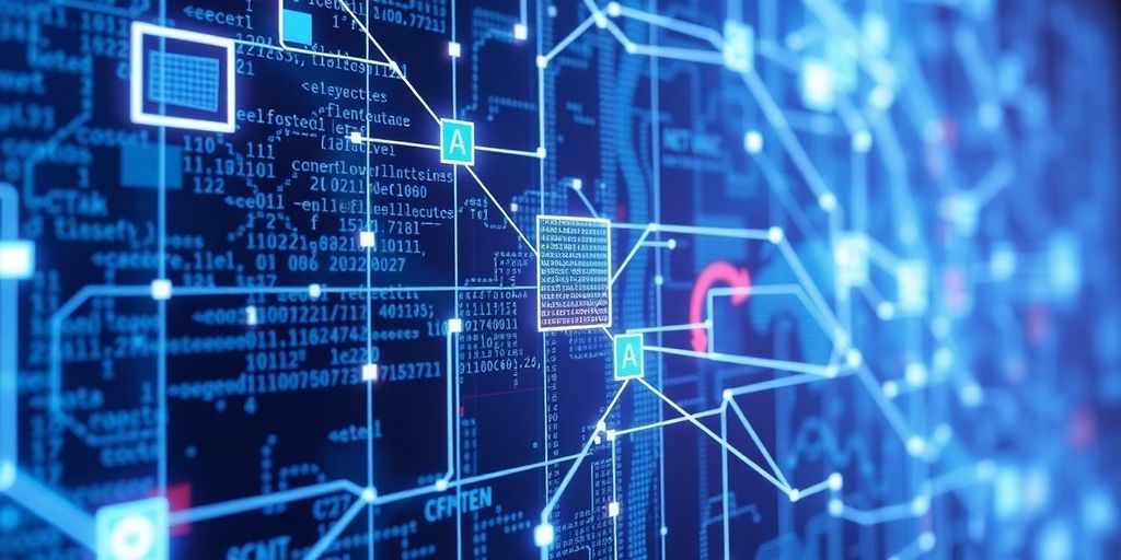Digital contract code blocks and connected nodes.