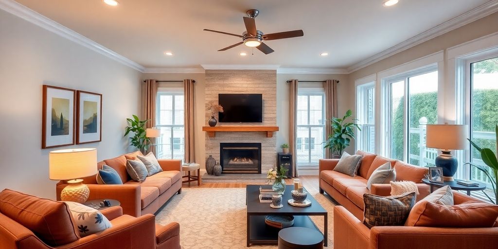 Modern living room with smart lighting and cozy decor.