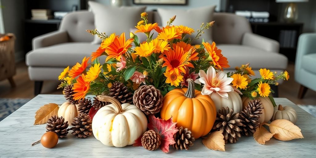 Seasonal coffee table decor with pumpkins and flowers.