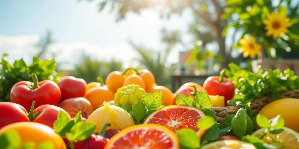 Como se manter saudável no verão em 2025 3 Frutas e vegetais frescos em um cenário de verão.
