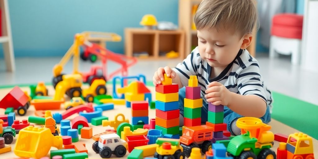 A toddler playing with colorful construction toys on a mat.