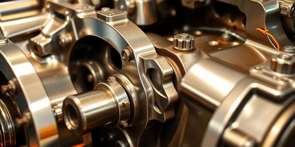 Close-up of a clean, detailed Ford gearbox assembly.