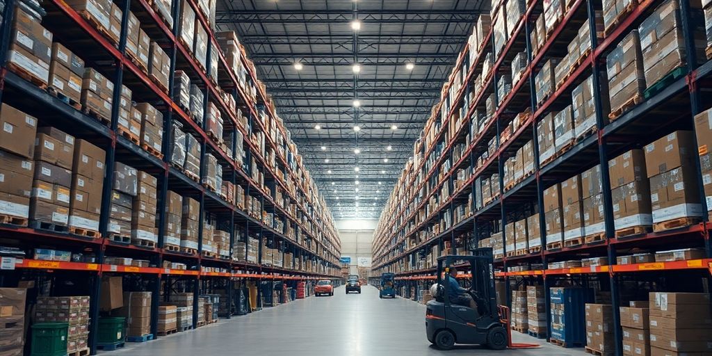 Warehouse interior with organized shelves and forklifts.