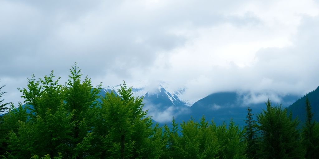 Snow-capped mountains, green trees, rain, and misty clouds.