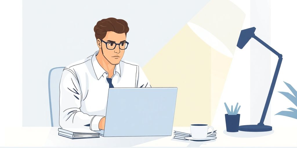 Professional at desk, computer, documents, coffee.