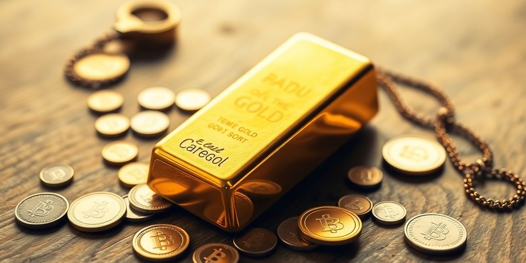 Barre d'or sur une table avec des pièces.
