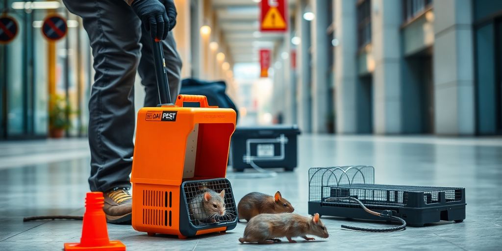 Expert exterminator with modern traps pentru şobolani.