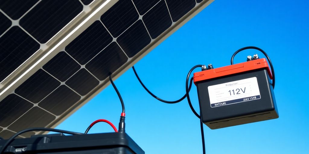 Panneau solaire, batterie 12V et câbles de connexion.