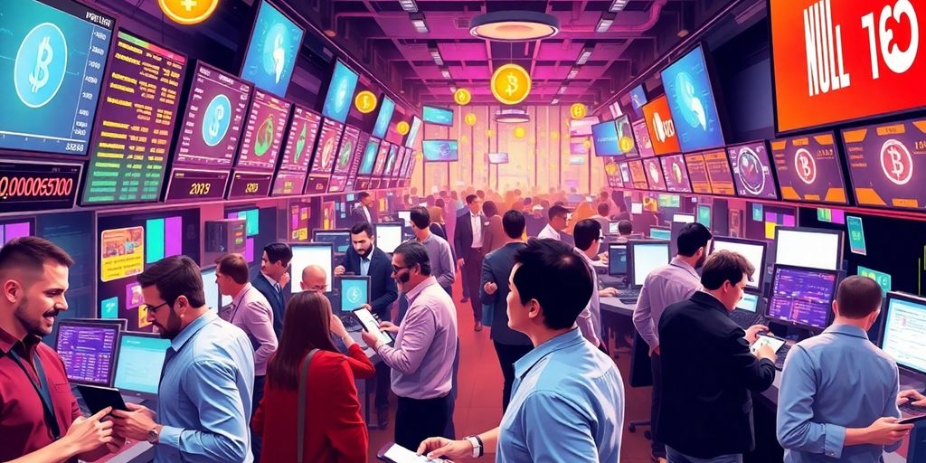 Busy cryptocurrency exchange with traders and technology in action.