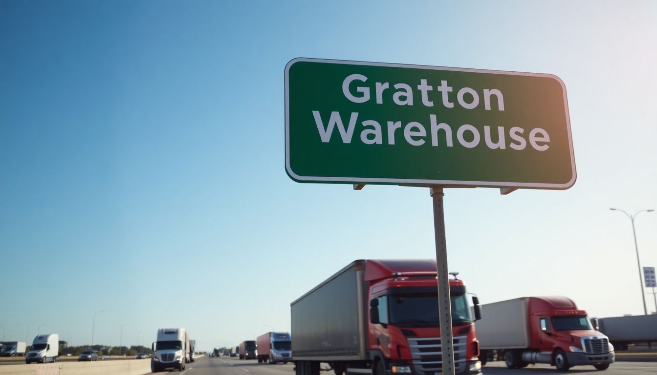 Green street sign for Gratton Warehouse on a highway.