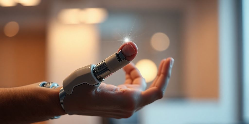 Robotic hand, human hand, glowing connections between them.