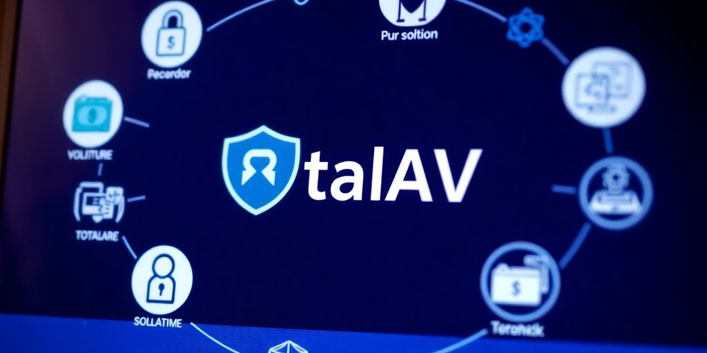 Computer screen with TotalAV antivirus interface and icons.